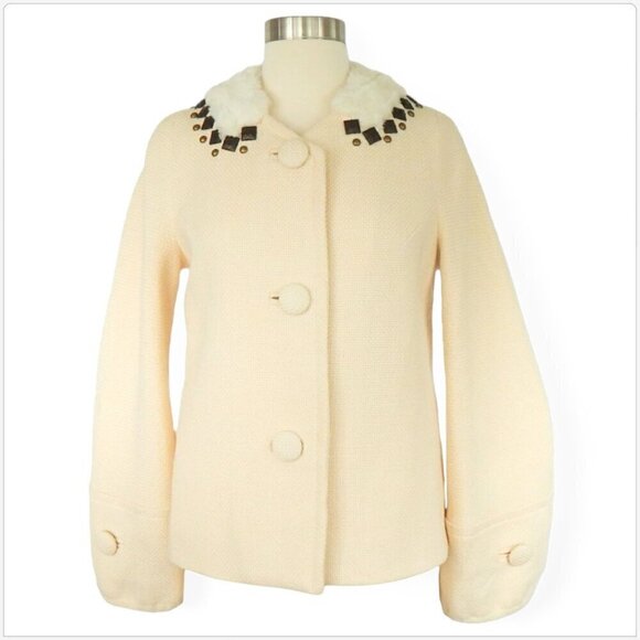 Rebecca Taylor Ivory White Fur Metal Studded Coat Jacket Vintage Style New NWT 4 - Picture 2 of 6